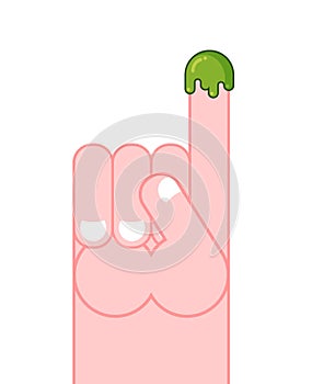 Snot on finger. Pick your nose snivel. Hand and booger. Green slime lump