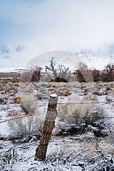 Snow accumulation on fence post and hills and mountains in desert valley