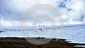 Snow activities in summer in Wyoming. Wonderful and only summer ski area. Yellowstone. Northwest alpine landscape. Road trip.