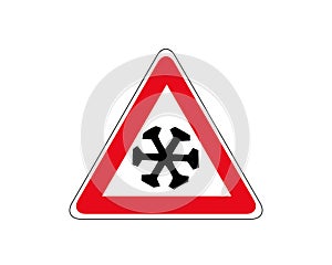 Snow ahead warning sign. Vector illustration of triangle road sign for cold