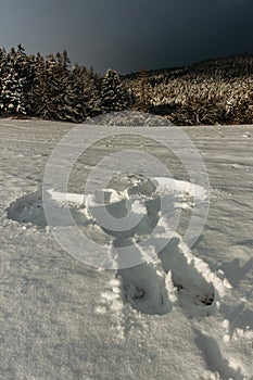 Snow angel in the fresh snow. Trace from the human adult body in winter landscape.Print of body copy space.Crime scene in nature,