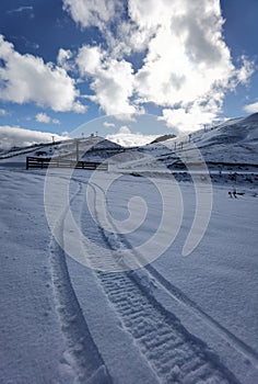 Snow in anilio ski center in winter season , ioannina perfecture , greece