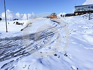Snow in anilio ski center in winter season , ioannina perfecture , greece