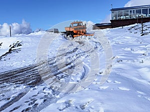 Snow in anilio ski center in winter season , ioannina perfecture , greece