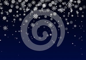 Snow background. Blue Christmas snowfall with defocused flakes and swirls. Winter concept with falling snow. Holiday texture and