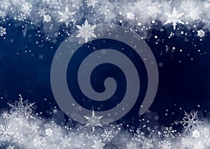 Snow background. Blue Christmas snowfall with defocused flakes and swirls. Winter concept with falling snow. Holiday texture and