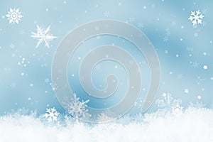 Snow background. Blue Christmas snowfall with defocused flakes and swirls. Winter concept with falling snow. Holiday texture and