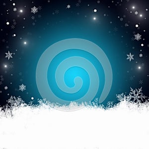 Snow background blue. Christmas snowfall with defocused flakes. Winter concept with falling snow. Holiday texture and white
