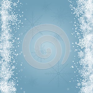 Snow background. Blue Christmas snowfall with defocused flakes. Winter concept with falling snow. Holiday texture and white