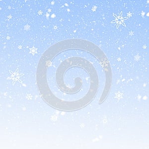 Snow background. Blue Christmas snowfall with defocused flakes. Winter concept with falling snow. Holiday texture and white