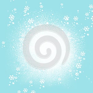 Snow background. Blue Christmas snowfall with defocused flakes. Winter concept with falling snow. Holiday texture and white