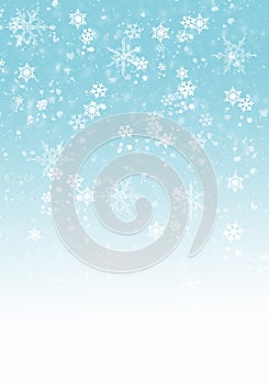 Snow background. Blue Christmas snowfall with defocused flakes. Winter concept with falling snow. Holiday texture and white