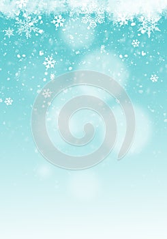 Snow background. Blue ice Christmas snowfall with defocused flakes. Winter concept with falling snow. Holiday texture and white