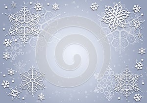 Snow background. Blue and white Christmas snowflakes. Winter concept with falling snow. Holiday texture and white snowflakes