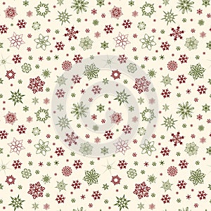 Snow background. Christmas snowfall with red snowflakes on beige background. Winter concept with falling snow. Holiday texture and