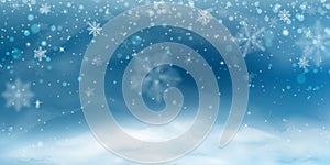 Snow background. Winter christmas landscape, blizzard, blurred snowflakes