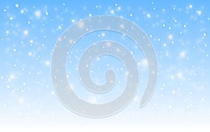 Snow background. Winter realistic snowfall. Defocused snowflakes on blue backdrop. Cold Christmas texture. Snowstorm and