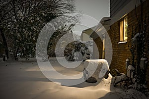 Snow in the backyard of an american home