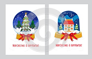 Snow ball greetings card set. Merry Christmas glass snowball collection with Christmas tree and cute house. Vector illustration on