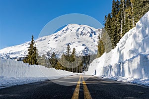 Snow banked road to Mountain