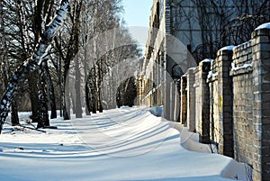 Snow between barbed wire fence near brick building and line of birch trees, winter sunny landscape