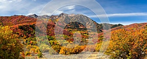 Snow basin landscape in Utah. Brilliant fall foliage around Mt Ogden peaks photo
