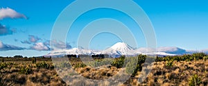 Snow blanketed volcanic cone of Mount Ngauruhoe rising over valley on a beautiful winter day. Tongariro National Park