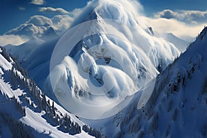 Snow blankets mountain peaks against a majestic mountainous backdrop
