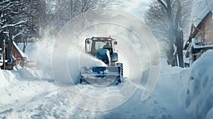 Snow blower powered by gasoline in action. Man outdoor in front of house using snowblower machine.