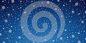 Snow blue background. Christmas snowy winter design. White falling snowflakes, abstract landscape. Cold weather effect