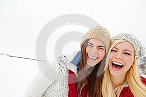 Snow, bonding and girl friends outdoor in winter on romantic vacation, adventure or holiday. Laughing, smile and happy