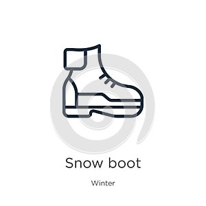 Snow boot icon. Thin linear snow boot outline icon isolated on white background from winter collection. Line vector sign, symbol