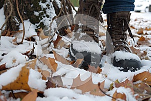snow boots stepping on a carpet of snowy leaves under a halfbare tree