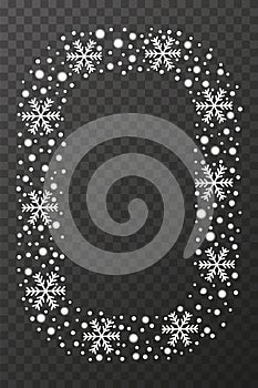 Snow border frame. Christmas texture, isolated on transparent background. Snowflake abstract effect. Holiday border