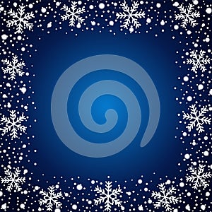 Snow border frost frame. Christmas texture, isolated on blue background. Snowflake abstract effect. Holiday border