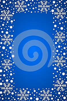 Snow border frost frame. Christmas texture, isolated on blue background. Snowflake abstract effect. Holiday border