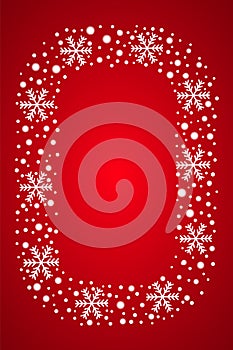 Snow border frost frame. Christmas texture, isolated on red background. Snowflake abstract effect. Holiday border