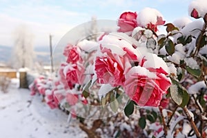 snow on the branches of rosebushes