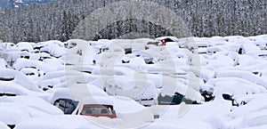 Snow buried cars after blizzard on car park