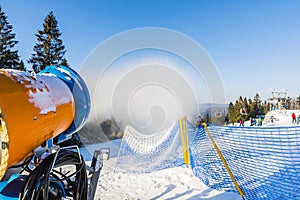 Snow cannon during operation.