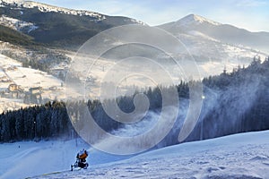 Snow cannon in winter resort