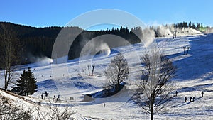 Snow cannons for artificial snowing in action during winter season in Park Snow resort Donovaly ski center, central Slovakia.