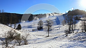 Snow cannons for artificial snowing in action during winter season in Park Snow resort Donovaly ski center, central Slovakia.