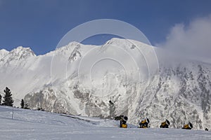 Snow cannons on mountain resort Strbske Pleso. Slovakia