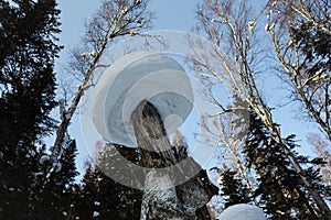 Snow cap in the form of mushroom hat on high birch stump against the background of the taiga sky