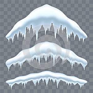 Snow cap ice set. Winter design snowy icicle roof. White blue snow template. Frame decoration isolated transparent