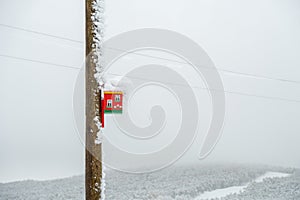 A snow cap rests on a red birdhouse nailed to a wooden power pole against the backdrop of a snow-covered forest after a snowfall