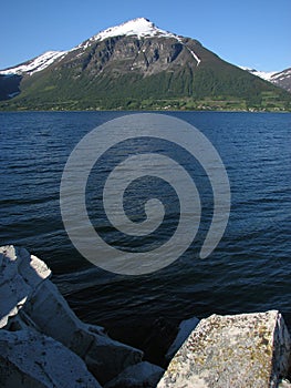 Snow-caped mountain near Balsfjord, Troms, Norway, June 2007