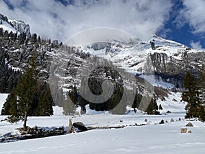 Snow-capped alpine peak Stoss or Stooss, 2112 m in Alpstein mountain range and in Appenzell Alps massif, Unterwasser