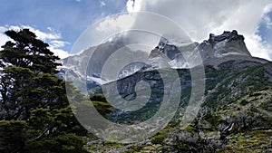 Snow-capped granite peaks on the W Trek in Torres del Paine National Park, Patagonia Chile